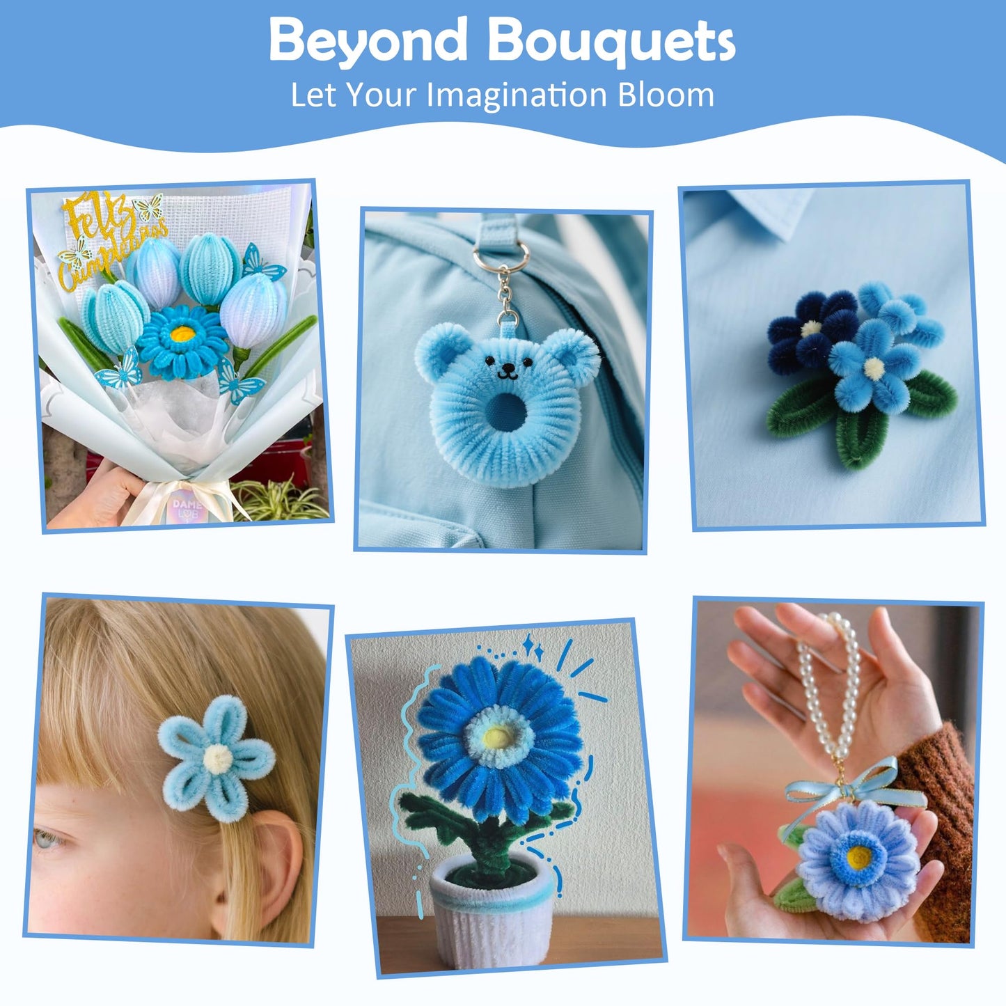 EARLY MINDS 500 Pcs Pipe Cleaners Craft Kit for Flower Making, DIY Bouquet Set with 8mm Chenille Stems, Step-by-Step Tutorial, Floral Wire, Ribbon & Tools for Handmade Gifts and Decor, Blue