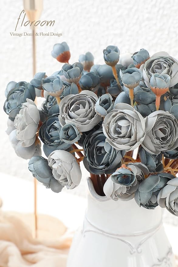 Floroom Ranunculus Artificial Flowers 18 Pcs Dusty Blue Faux Silk Mini Ranunculus Bulk Fake Wedding Filler Flowers for DIY Bouquets, Centerpieces, Bridal Shower Decorations & Arrangements