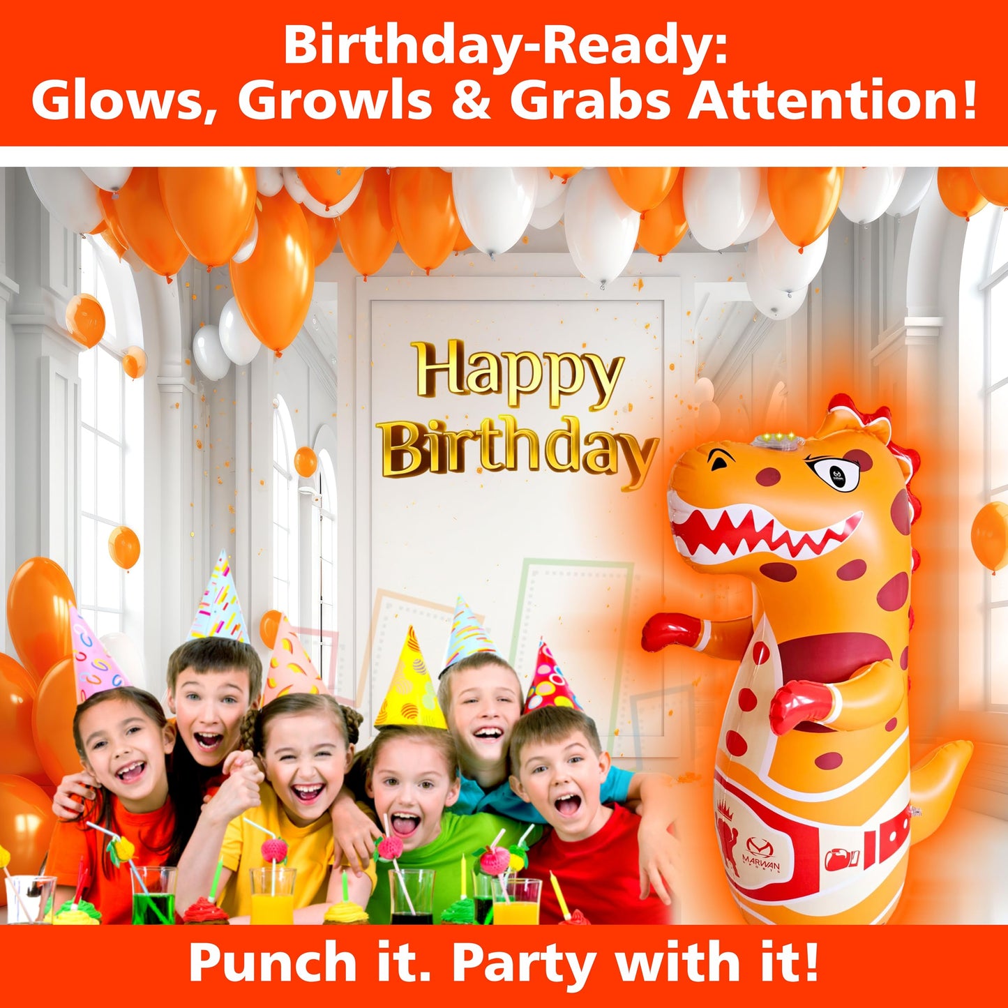 Light-Up Inflatable Dinosaur Punching Bag with Roaring Sound – 47” Bop Bag with Fast Bounce-Back for Active Kids Ages 2-7 – Fun Boxing Toy for Toddlers (3 AAA Batteries Required, Orange)