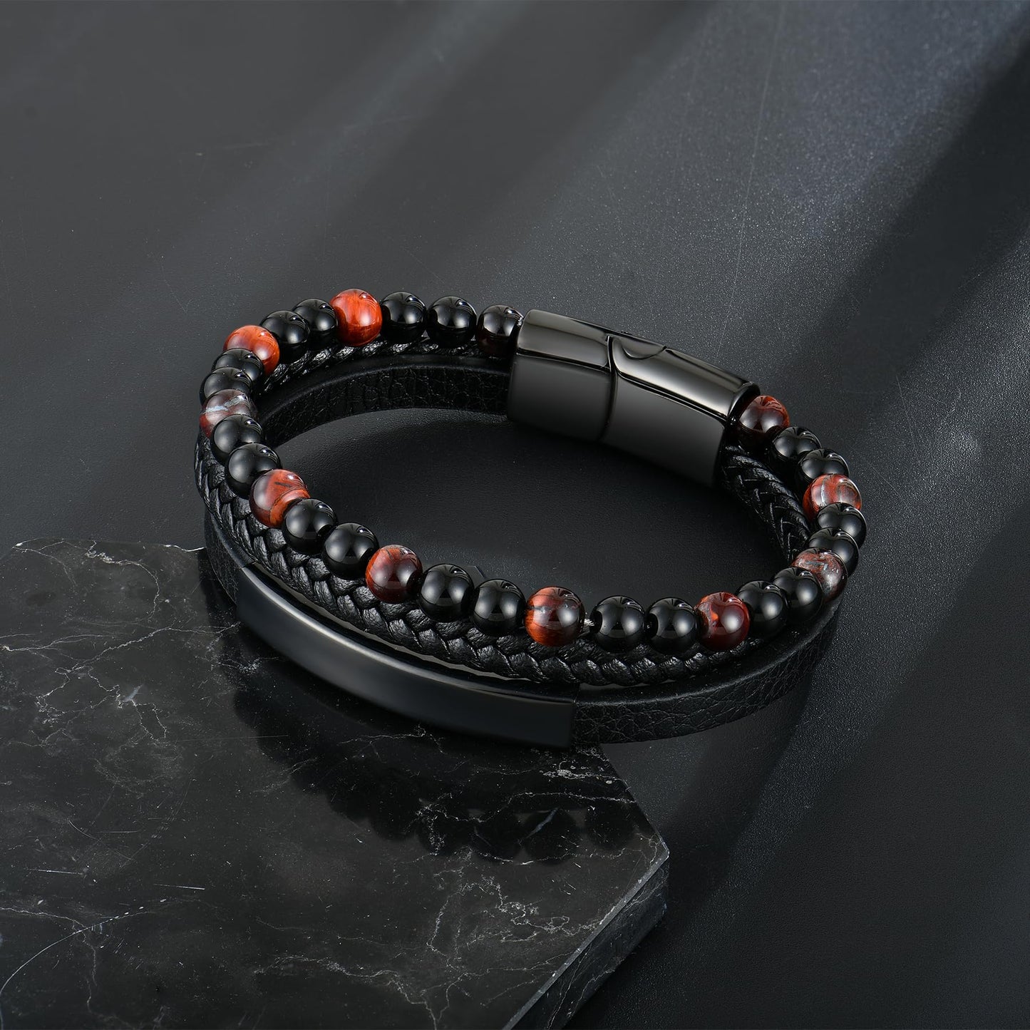 Raymard Mens Tiger Eye Matee Black Onyx Lava Rock Volcanic Stone Beaded Bracelet, Black Braided Leather Bracelet for Men-Matee Black Onyx&Lava Rock