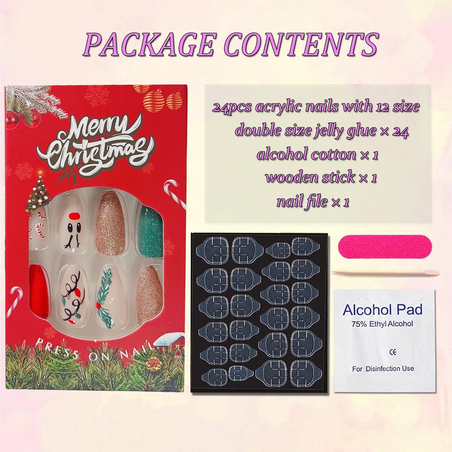 Cute Christmas Press on Nails Almond Fake Nails with Deer Glitter Cane Christmas Light Designs Medium Glue on Nails Glossy Winter False Nail Tips Full Cover Gel Artificial Nails Stick on Nails 24Pcs
