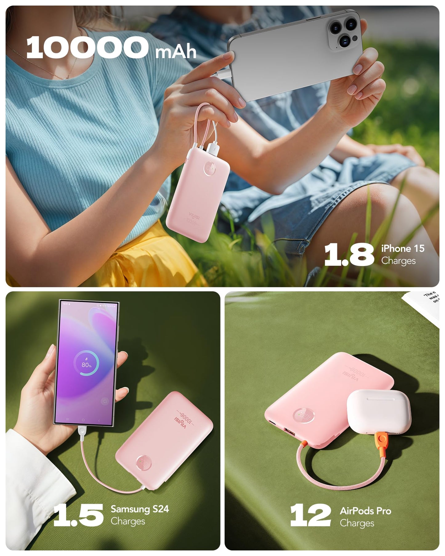 VIYISI Slim Portable Charger Power Bank 10000mAh, PD 20W Fast Charging Compact Battery Pack with Built-in USB C Cable, Travel Essential Compatible with iPhone 17 16 15, Samsung, Android - Pink