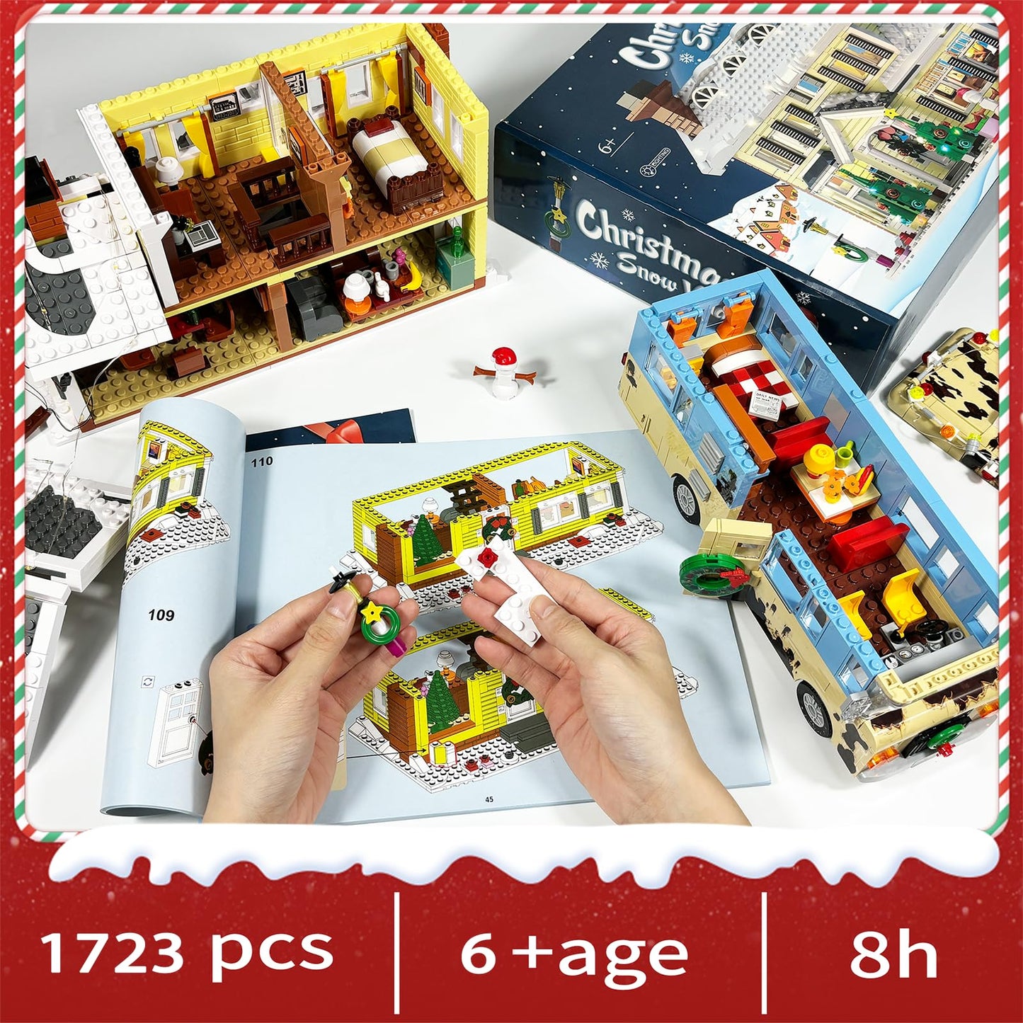 Snow Village & RV Building Set with LED Lights, 2 in 1 Christmas Vacation Holiday House and RV Gift (1726PCS)