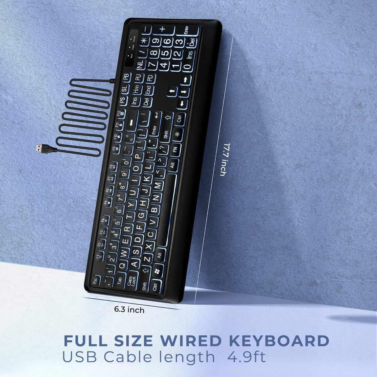 Large Print Backlit Keyboard, USB Wired Computer Keyboard, Full Size Keyboard with White Illuminated LED Compatible for Windows Desktop, Laptop, PC, Gaming, Black