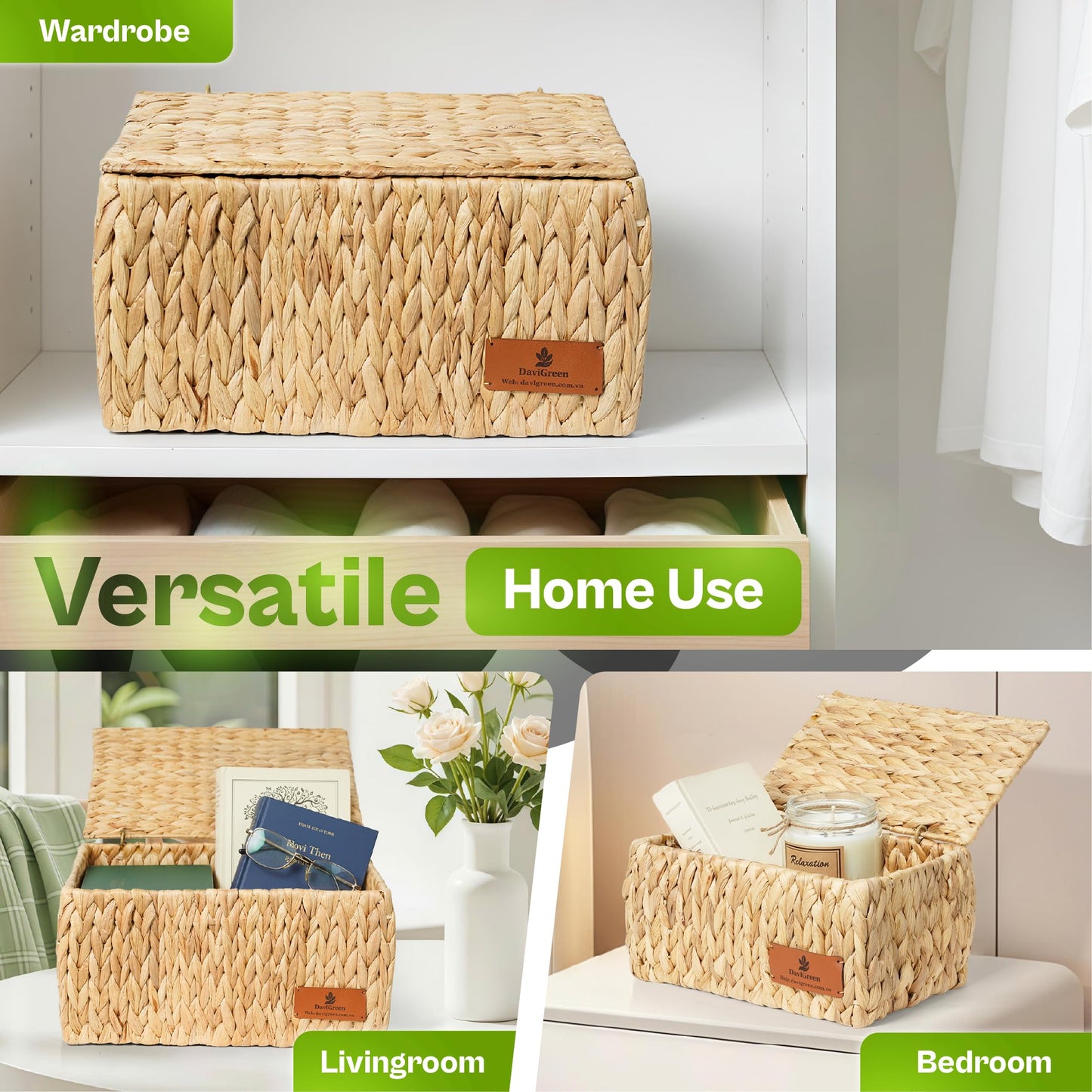 DaviGreen Storage Baskets with Lids, Set of 3 Wicker Storage Baskets for Storage, Water Hyacinth Basket with Lid, Rectangular Woven Storage Baskets for Shelves, Closet, Bedroom & Home Organization
