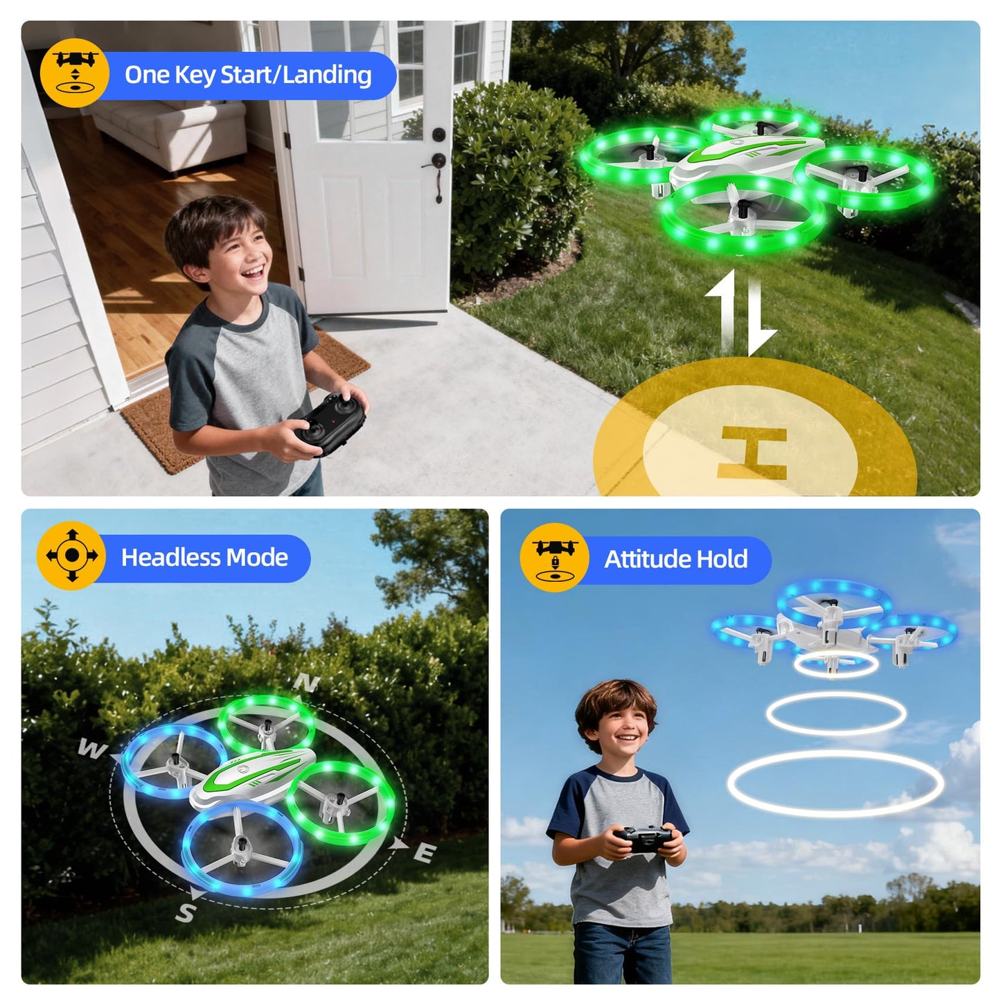 Mini Drone for Kids Beginners, RC Quadcopter Drone with Colorful Light, One Key Start, Altitude Hold, Headless Mode, 3D Flips, Indoor RC Helicopter Toy for Boys and Girls