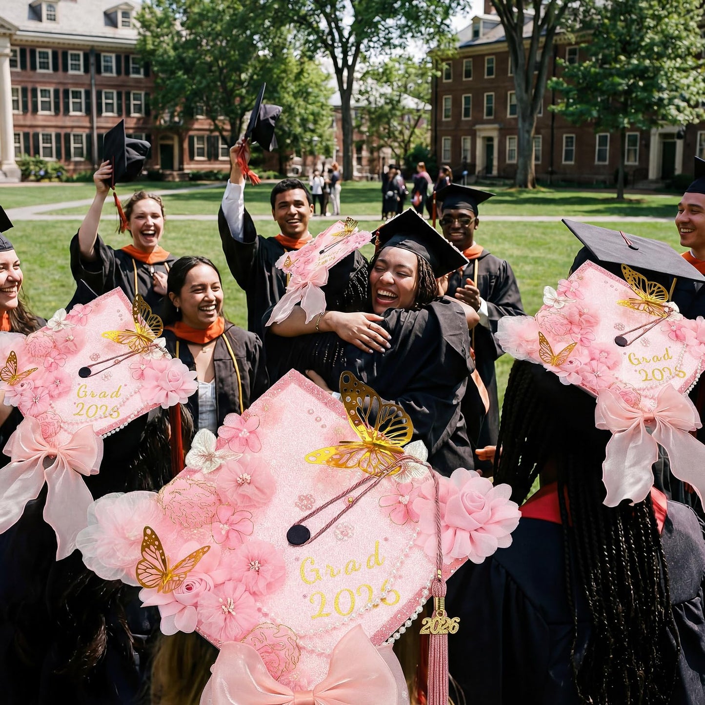 Wavwavw 58 Pcs DIY Graduation Cap Decorations Kit Grad Cap Decor Included Faux Flowers Bow Mesh 3D Butterfly Stickers, Adhesive Rhinestones, Glitter Letter Stickers, for 2026 Grad Party(Pink)