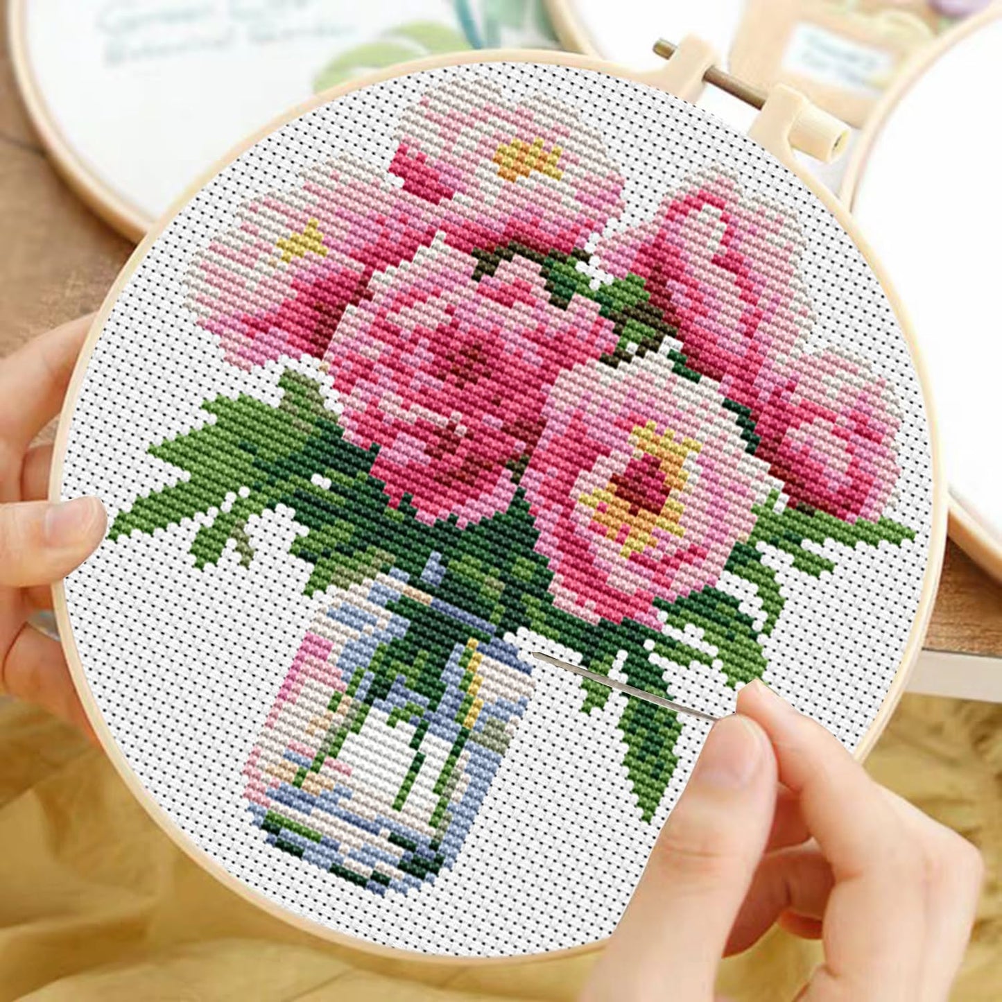 3 Pack Cross Stitch Kits for Beginners, Flower Stamped Cross Stitch Kits for Adults with Embroidery Hoop, Embroidery Kit 11CT Easy Partial Cross-Stitch Arts and DIY Crafts for Adults Home Decor