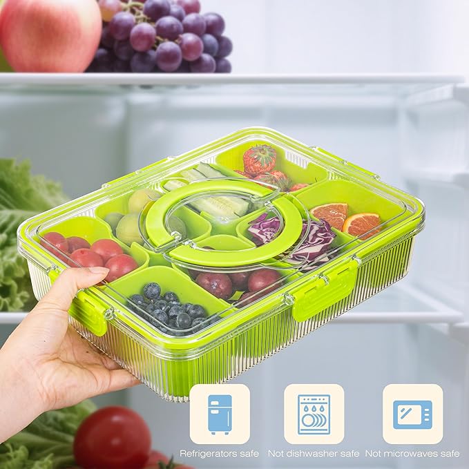 Patent Divided Serving Tray with Lid & Handle - Snackle Box Organizer for Charcuterie, Sandwiches, Veggies, Fruits, Candy - Portable Food Storage for Travel, Beach, Picnics(1 pcs, Orange)