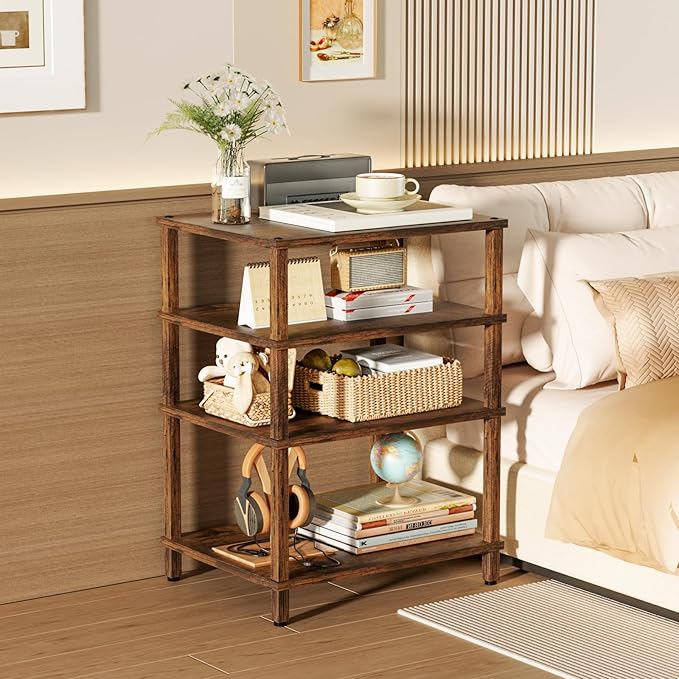 LELELINKY 4-Tier AV Media Player Stand Set of 2, Brown Stereo Cabinet, Wooden TV Stand,Game Console Shelf, Multifunctional Entertainment Center, Suitable for Home, Conference Room, Game Studio