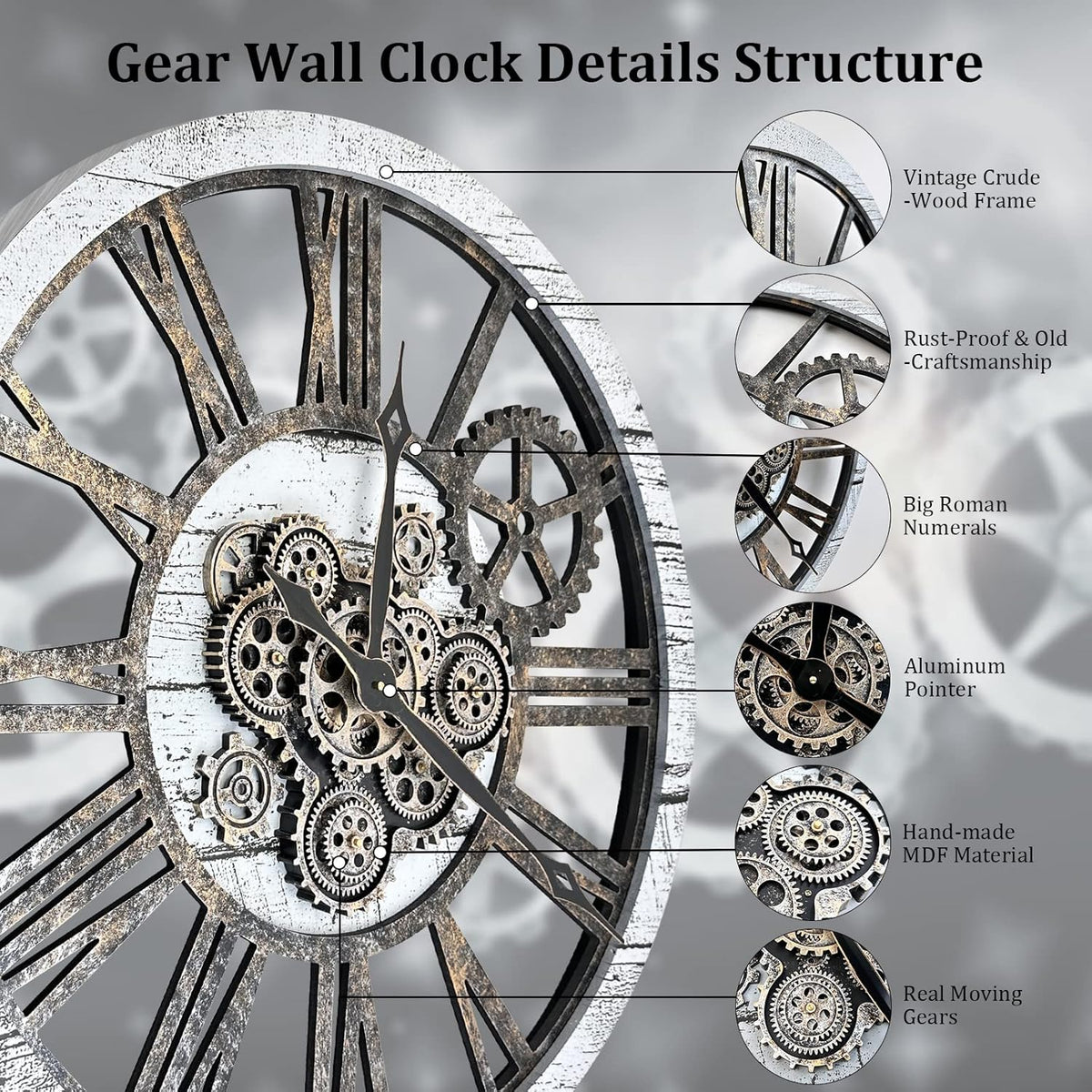 HOIBAI Large Wall Clock, Wall Clocks for Living Room Decor 36 Inch Farmhouse Vintage Rustic Kitchen Wall Decor Vintage Roman Oversized Wall Clock for Home Bedroom House, Moving Gears Clock