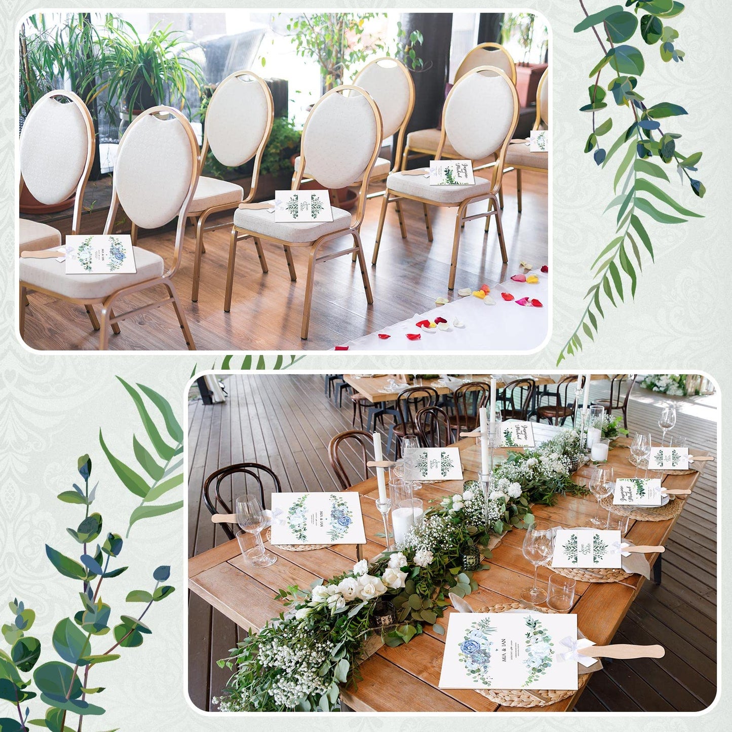 TaoBary 50 Set Church Fan Handheld Set Wedding Fans for Guest Bulk, Personalized Custom Fans Kit with Wavy Wooden Sticks Blank Cardstock White Bows & Tapecustom