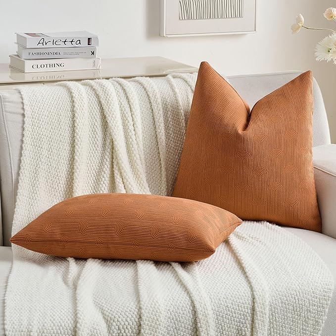 FUTEI Burnt Orange Chenille Decorative Throw Pillow Covers 18x18 Inch Set of 2,Soft Cozy Striped Geometric Patterns Cushion Case,Modern Home Decor for Couch Bed Living Room