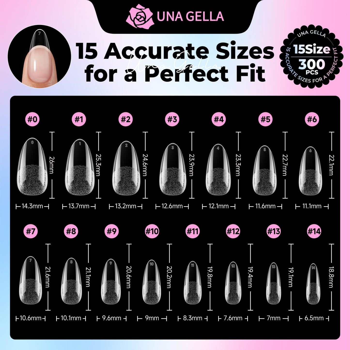 UNA GELLA Almond Nail Tips Medium 15 Sizes 300PCS Pre-Etched Gel Acrylic Nail Tips Almond Shape Easy Salon Press On Nails Long-Lasting Hold Full Cover Fake False Nails Snug Fit