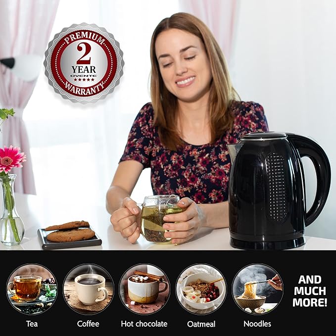 OVENTE 1.7L Double Wall Electric Tea Kettle, 1100W Water Boiler and Heater with Cool-Touch Exterior, Stainless Steel Insulated Interior, Auto Shut-Off, Boil-Dry Protection & Locking Lid, Black KD64B