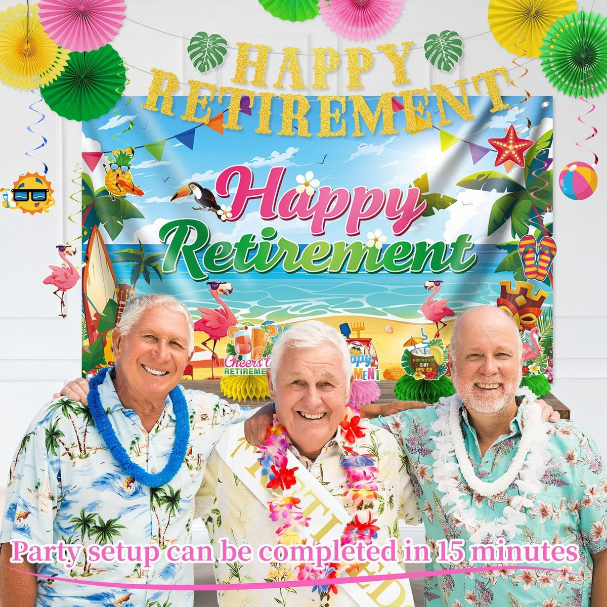 Luau Hawaiian Retirement Party Decorations, 23Pcs Beach Retirement Party Happy Retire ment Banner Backdrop, Tropical Retire ment Decorations Honeycomb Centerpieces Hanging Swirls Paper Fans