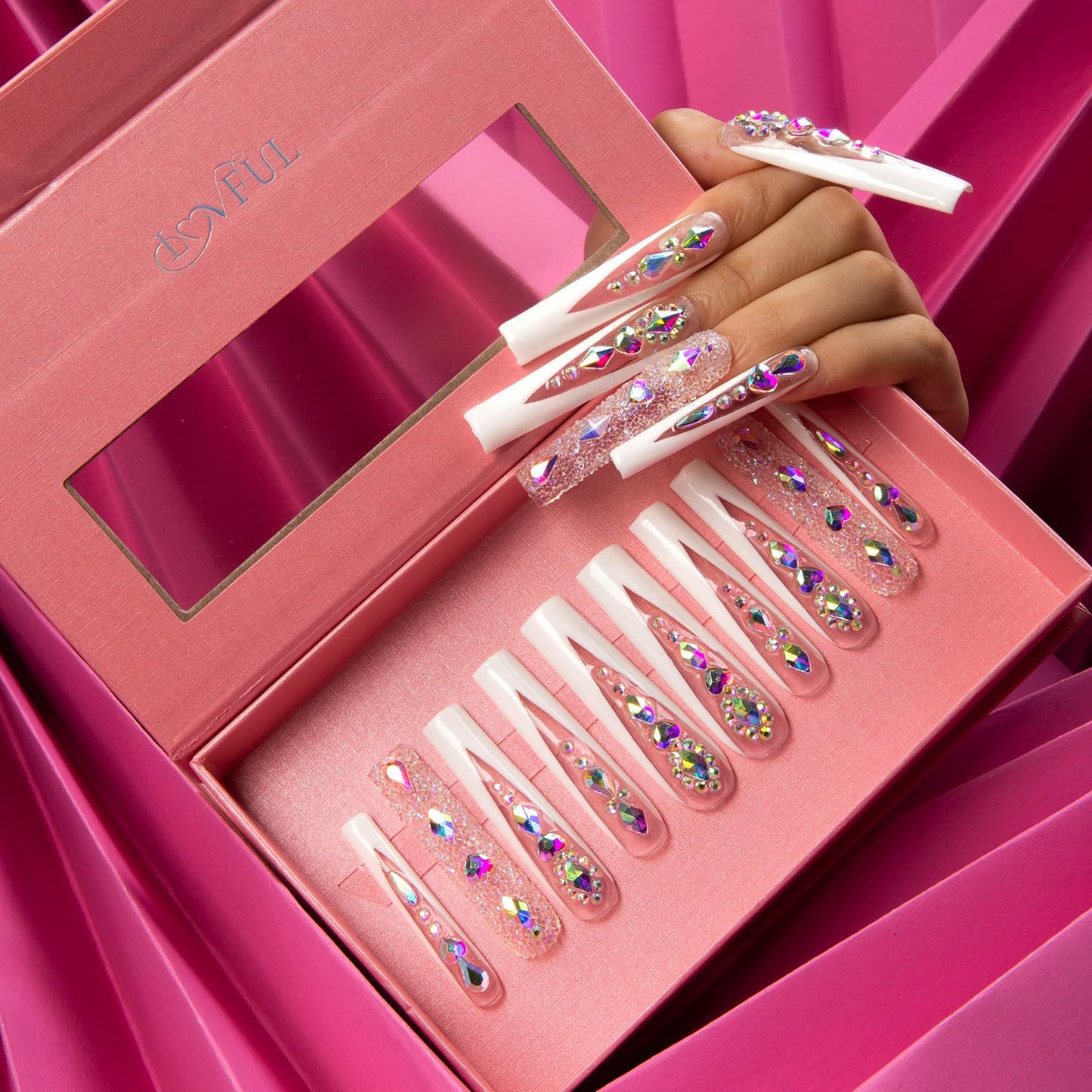 LOVFUL Press on Nails Candy Diamonds & White French Tip | Luxury Spring French Tip Glossy Press On Nails with Bling | Square Long 2.2 in | H36(M)