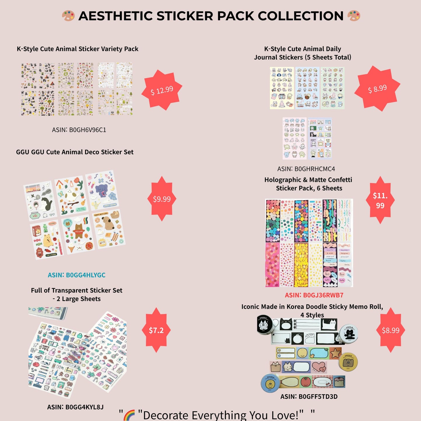 K-Style Cute Animal Sticker Variety Pack (4 Sheets x 3 Themes, 12 Sheets Total) - Rabbit, Black Cat, Blush Bear - Made in Korea Deco Stickers for Journaling, Planner, DIY Crafts, Gifts