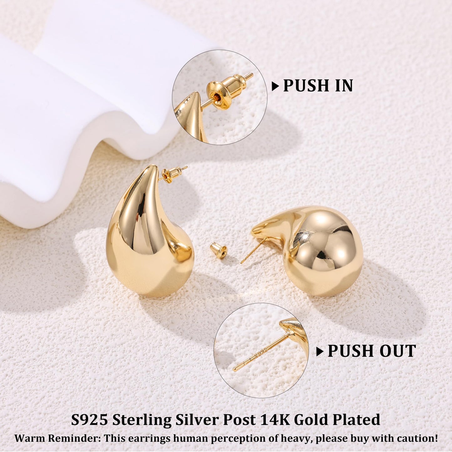 Gacimy 14K Gold Plated Teardrop Earrings Dupes for Women, Chunky Drop Earrings for Women with 925 Sterling Silver Post, 1.7 Inches