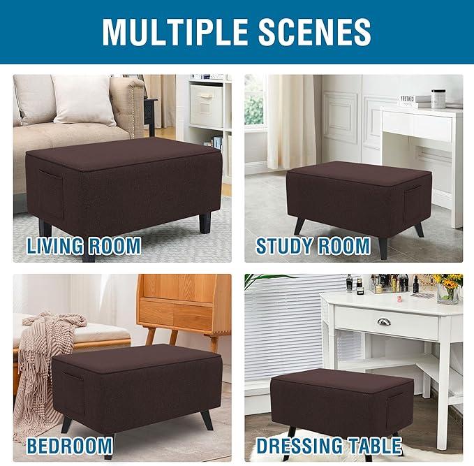 H.VERSAILTEX Soft Sturdy Linen Look Ottoman Cover Rectangle Fit Length 43"-44" Footrest Ottoman Slipcovers for Foot Stool & Folding Storage Furniture with Storage Side Pocket - Heather Chocolate