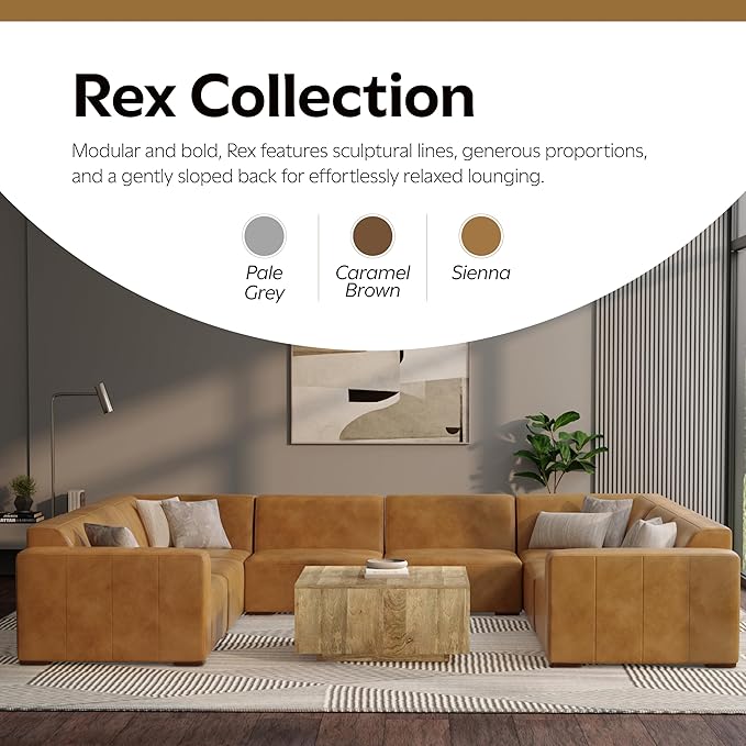 SIMPLIHOME Rex U-Shaped Sectional Modular Sofa in Full-Grain Genuine Leather, Sienna, 144-inches Wide, Handcrafted Modern-Style Large Leather Couch for Living Room