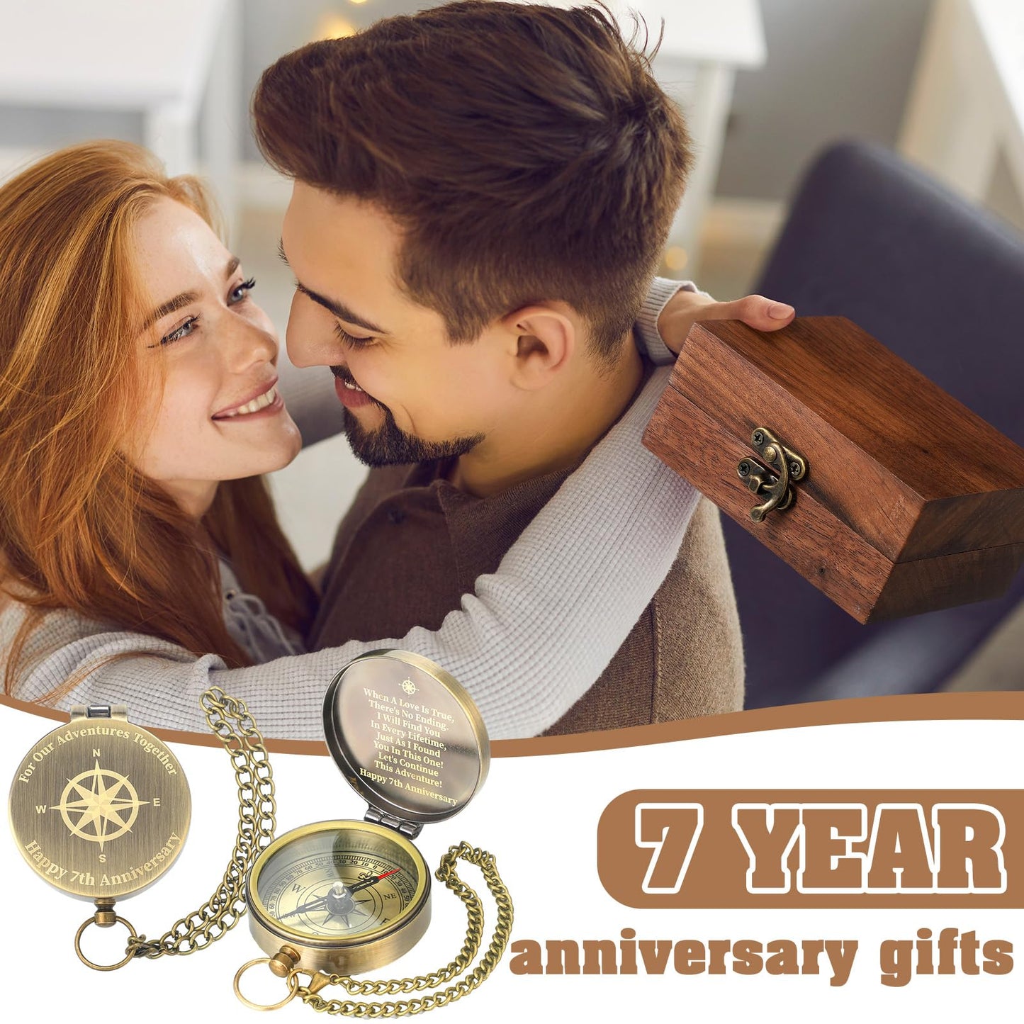 Relaxweex Anniversary Copper Gift for Him Her Engraving Quote Compass with Black Walnut Box Wedding Engagement Copper Keepsake Gifts for Men Women Husband Wife Couples(7th Anniversary)