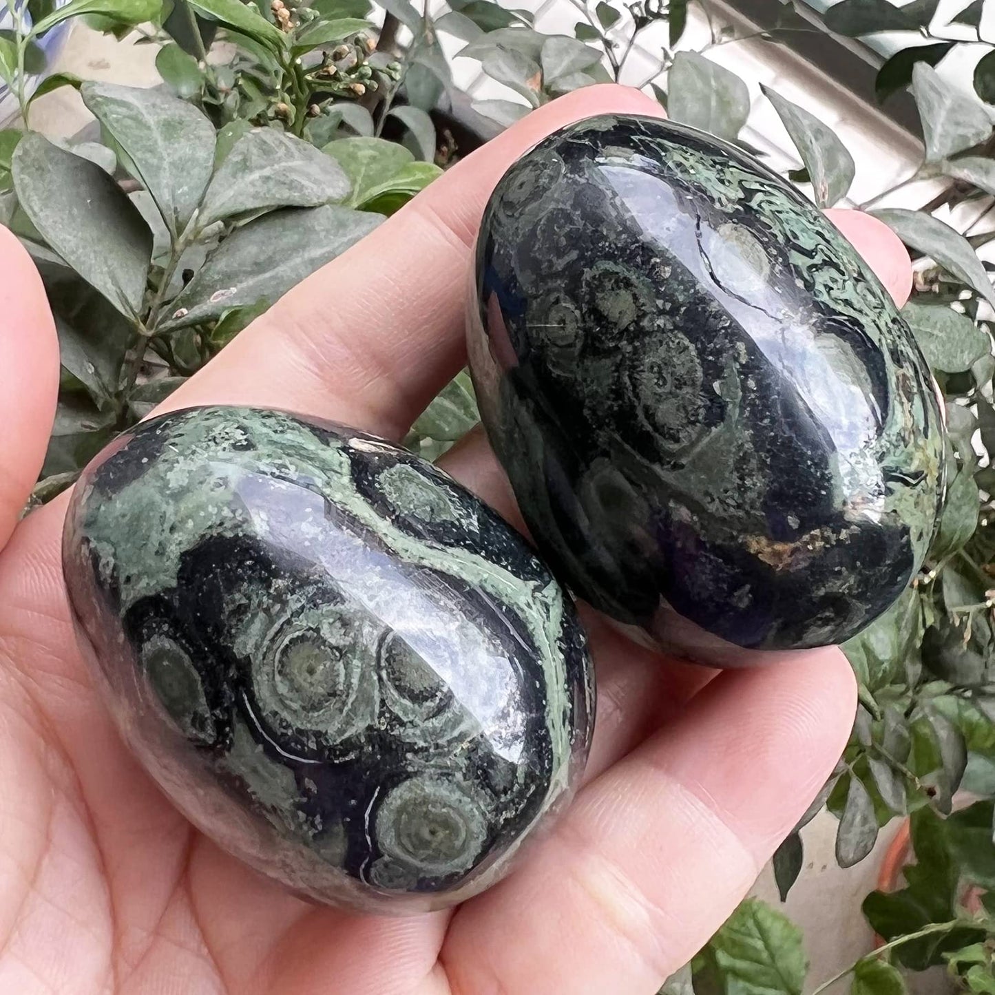 Fekuar Stone Egg Figurine, Polished Healing Crystal Easter Eggs Sphere Sculpture with Wood Stand, Natural Green Kambaba Jasper, 1.8"