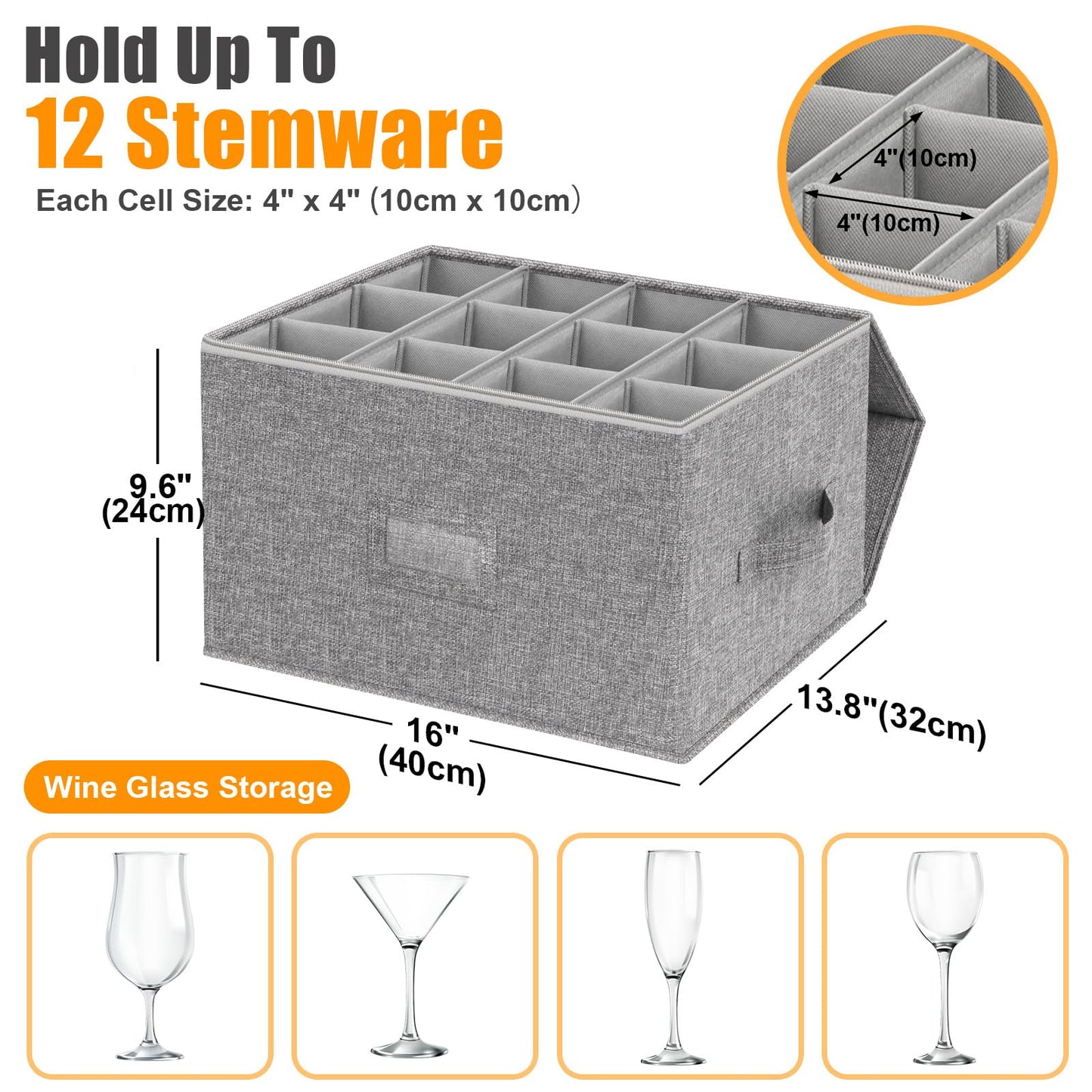 Kukikan Wine Glass Storage Box 2-Pack, Stemware Container Cases, Stackable w/Hard Shell Top Sides Bottom, Moving Supplies, China Storage Containers for 24 Crystal Glasses Drinkware 9.2'' Tall, Grey