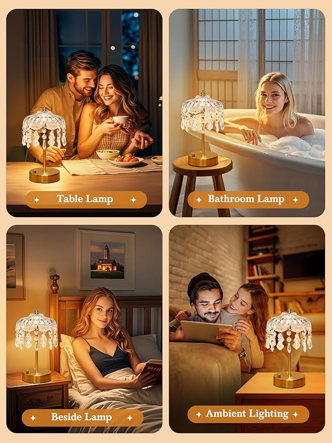 Vintage Lamp, 3 Colors 10 Brightness Crystal Lamp Flower Lamps, 3600mAh Rechargeable Lamps Cordless Lamps Bedroom Kitchen Bathroom, Desk Decor for Women, Valentines Day Gifts Valentines Gifts for Her
