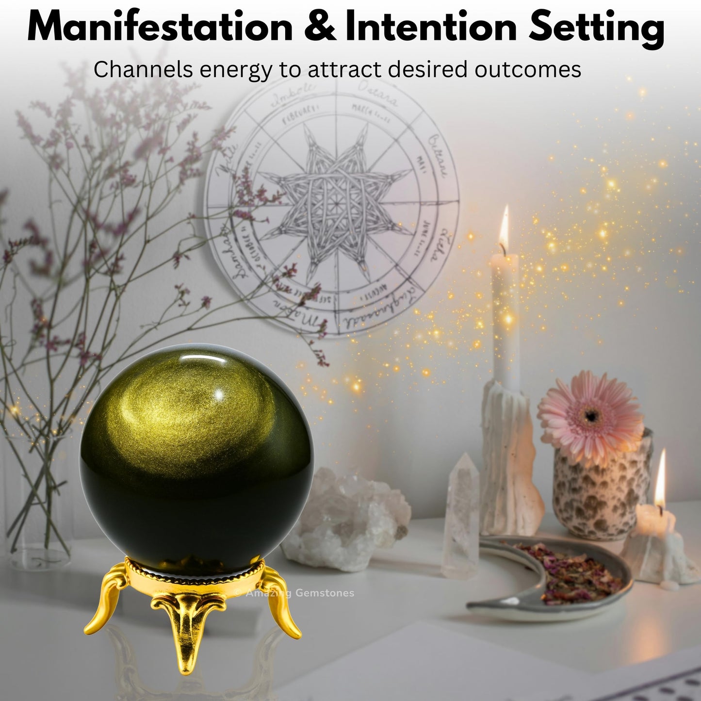 Amazing Gemstone Golden Sheen Obsidian Crystal Ball with Stand - 2 Inches Crystal Sphere Meditation Balls for Witchcraft and Decorative Balls