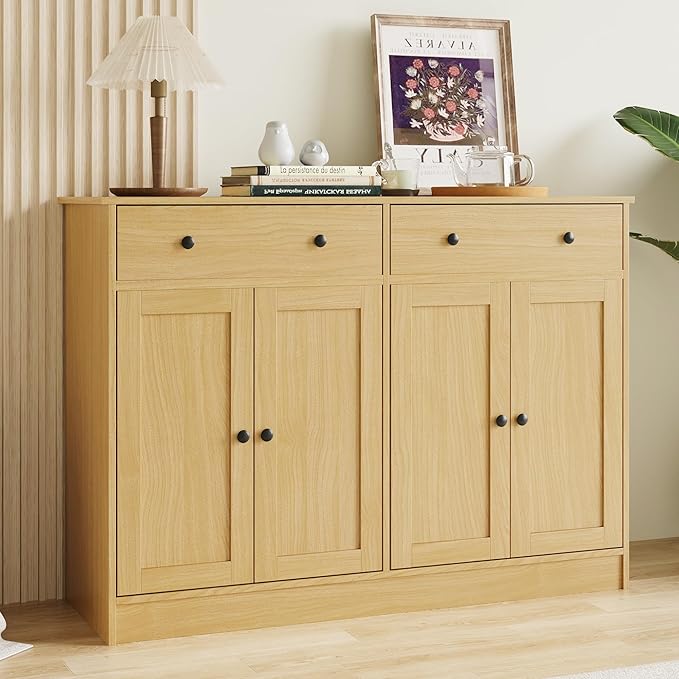 49" Oak Buffet Cabinet with Doors & Drawers, Modern Kitchen Storage Sideboard, Coffee Bar Console for Dining Room, Living Room, Entryway