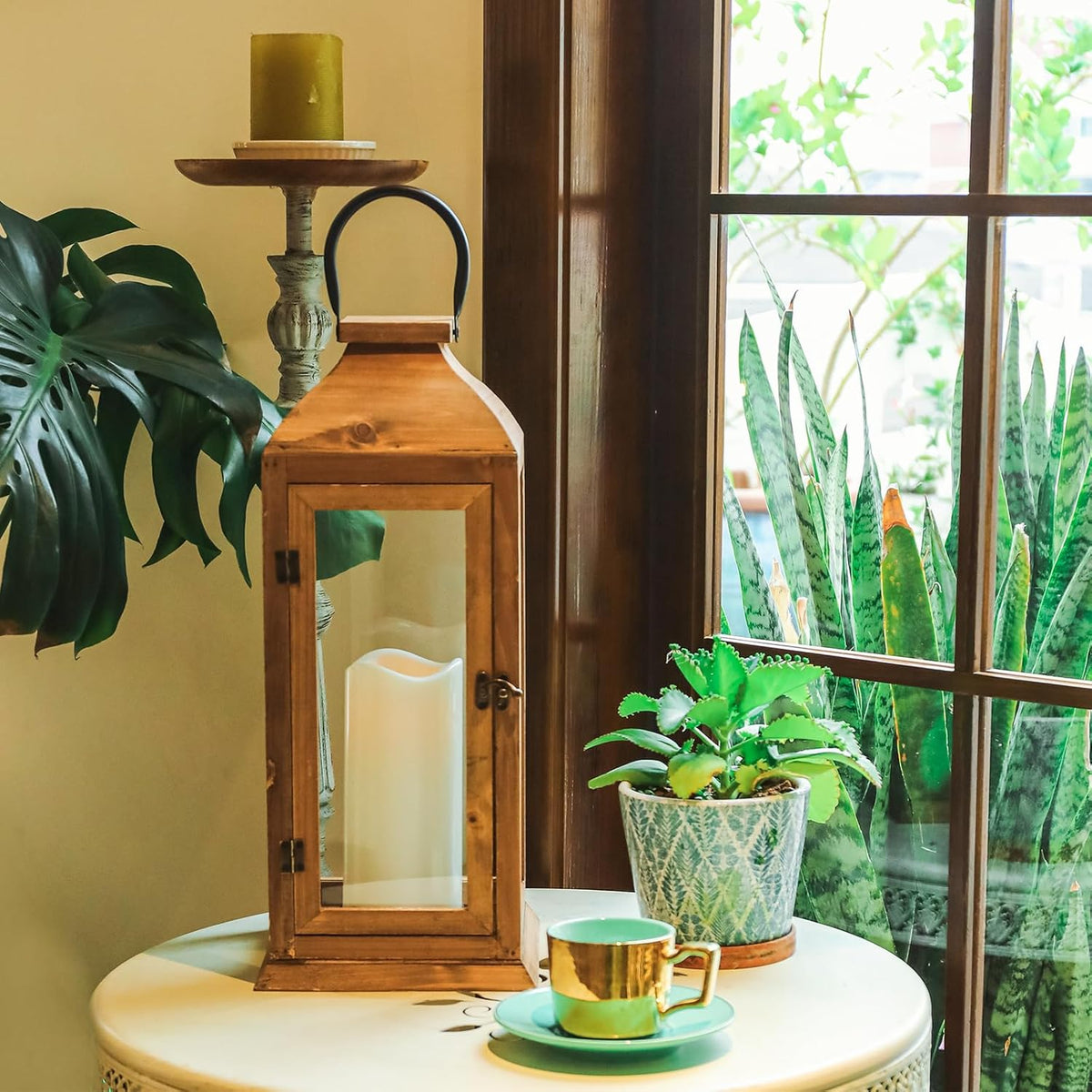 Large New Zealand Pine Lantern With Flameless Pillar Candles - IP65 Waterproof Decorative for Home Decor, Indoor Outdoor, Front Porch, Garden, Farmhouse Style