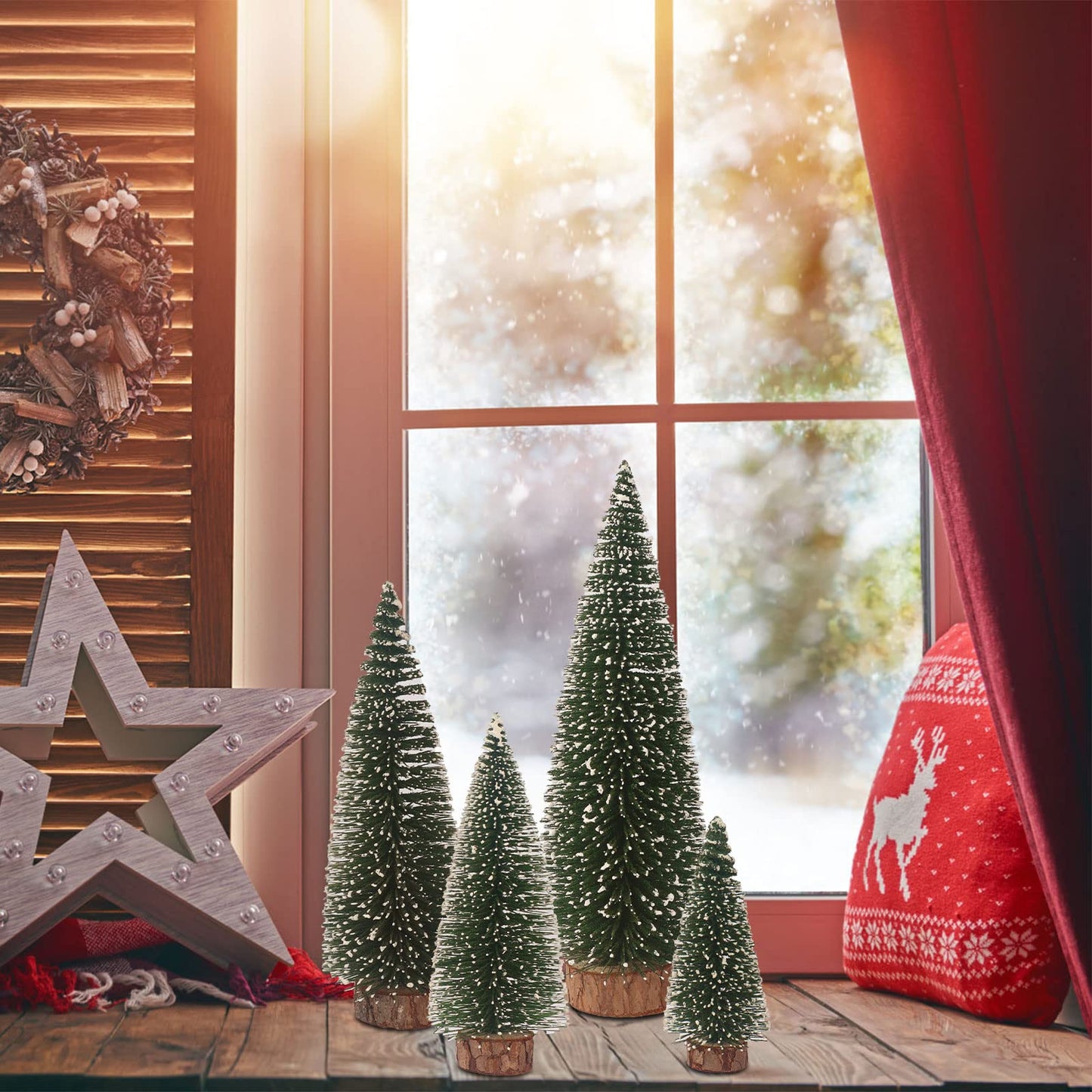 Small Christmas Tree,Mini Christmas Tree, Mini Pine Tree, Bottle Brush Fake Trees with Wooden Base for Tabletop Decorative (Plant Green)
