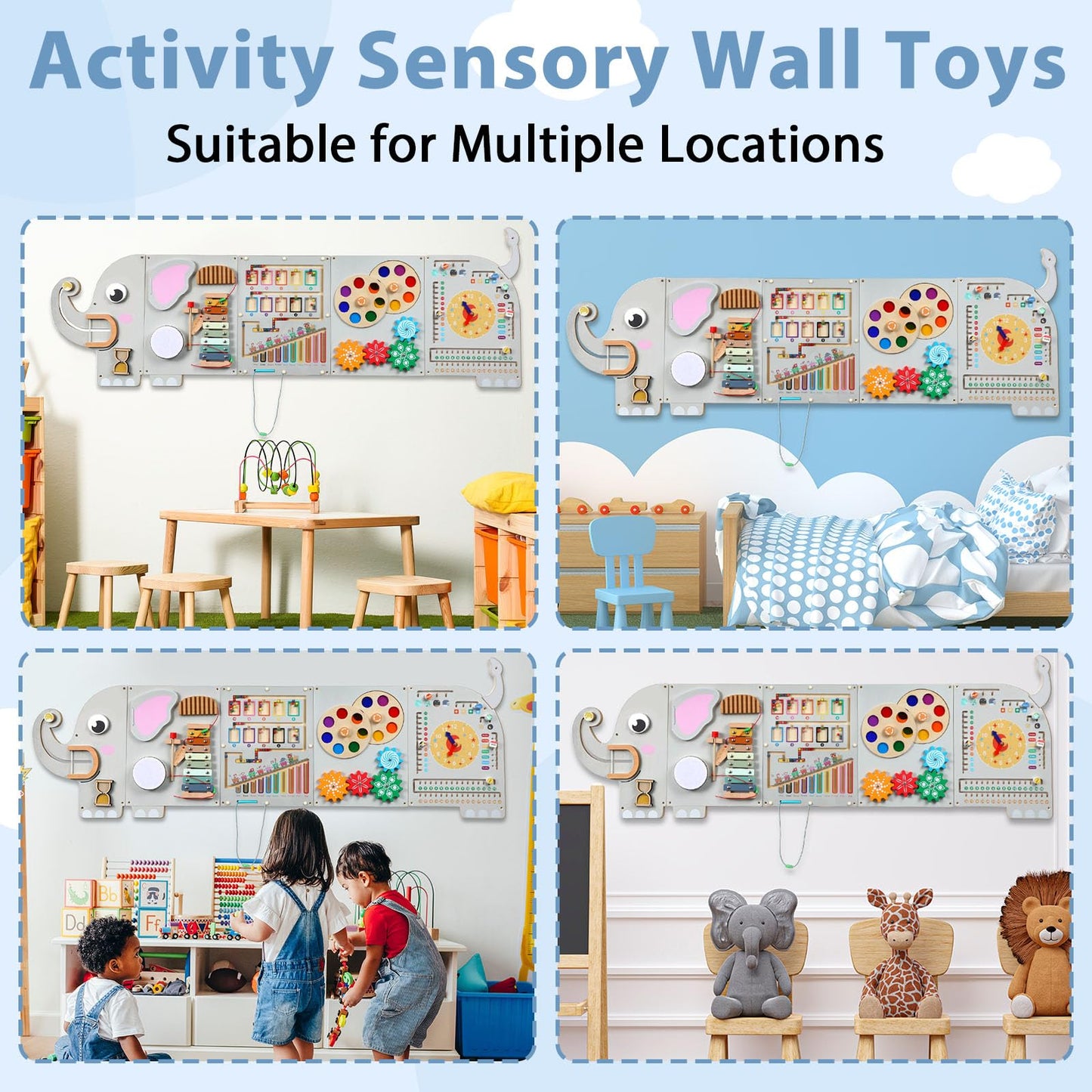 5FT Large Elephant Activity Wall Busy Board Wooden Sensory Wall Panel Educational Montessori Toys for Toddler Kids Interactive Sensory Activity Board Learning Center Playroom Daycare Nursery Decor