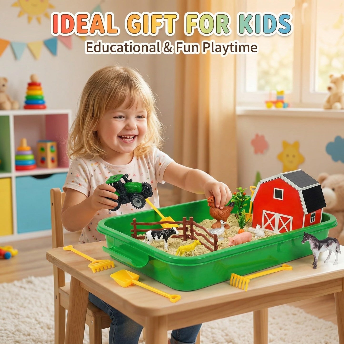 Carolart Farm Sensory Bin,Farm Animals Sand Kit with Sensory Sand,Barn Sandbox with Tractor,Sensory Play Sand Set for Kids 3 4 5 6 7