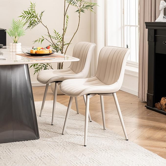 YOUNUOKE Mid-Century Modern Dining Chairs Set of 2, Cream PU Leather Upholstered Kitchen Chairs with Cream Metal Legs, Armless Accent Chair for Dining Room, Guest Reception Room
