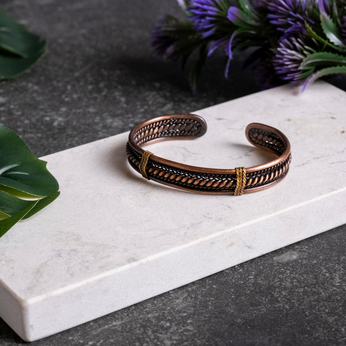 ALFIQ Handmade Copper Brass Cuff Bracelet for Men, Twisted Weave Pattern, Dark Copper (Dark Copper Braid)