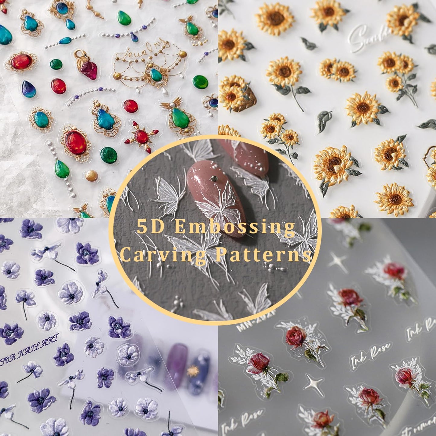 Flower Nail Art Stickers 5D Embossed Purple Floral Nail Stickers for Nail Art Self-Adhesive Nail Design Stickers 1 Sheets Nail Art Decoration Nail Supplies Accessories