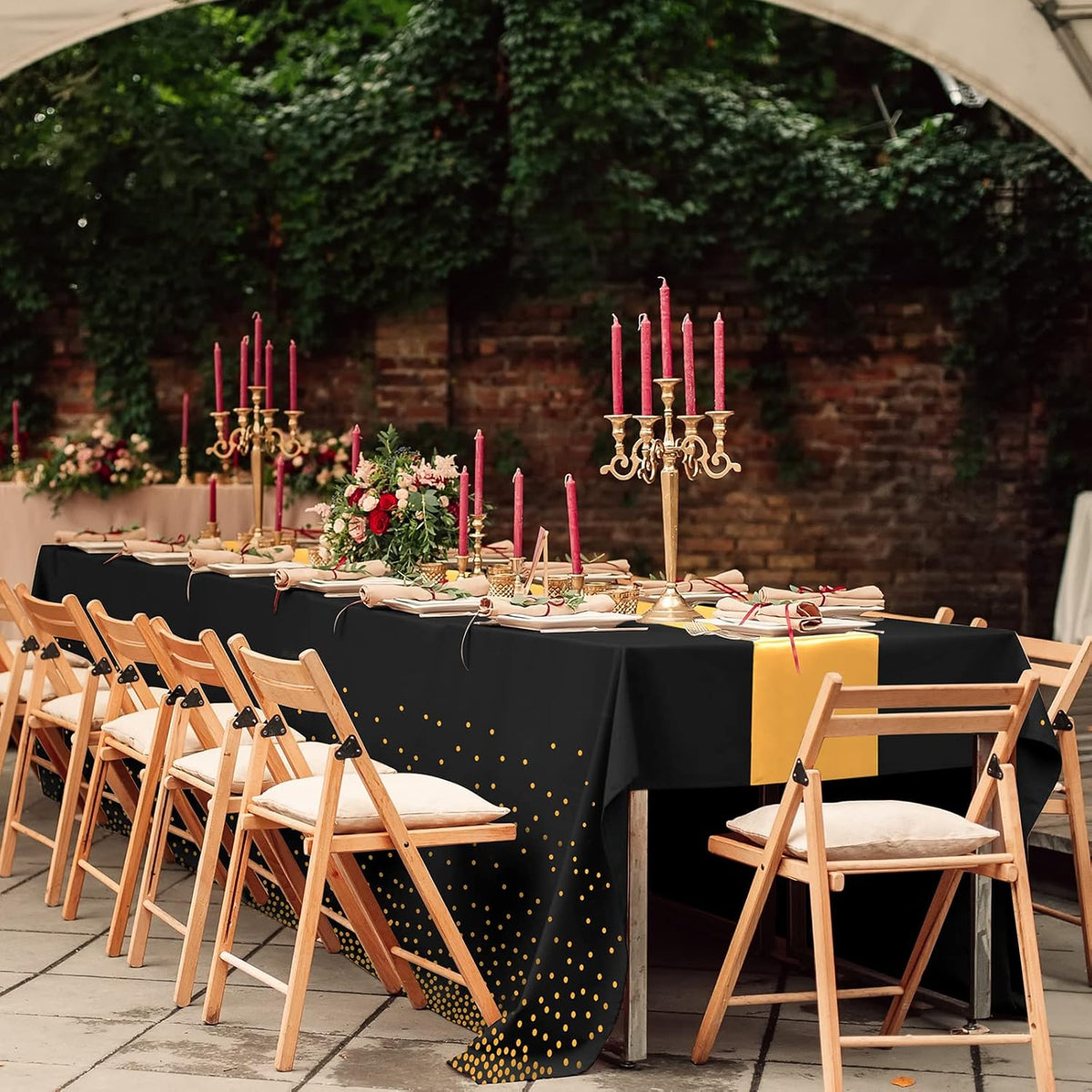 12Pack Disposable Plastic Tablecloths and Satin Table Runner Set Black and Gold Dot Tablecloth Gold Satin Table Runner for Wedding Birthday Baby Shower Anniversary Christmas New Year Party Supplies