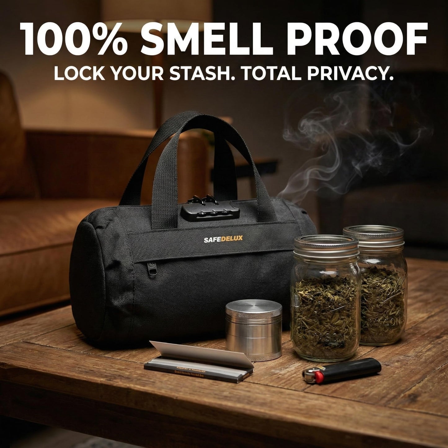 SafeDelux Smell Proof Bag with Combination Lock, Odorless Activated Carbon Fiber Smell Proof Container, Portable Stash Box for Travel, Home, Office & Gifts (Black1)