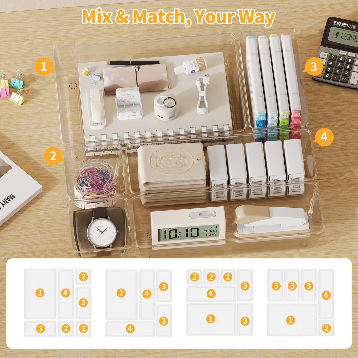 Yanosaku 25 PCS Clear Plastic Drawer Organizer Set, 4 Sizes Vanity Organizers, Desk Drawer Divider Organizers and Storage Bins for Makeup, Jewelry, Gadgets for Kitchen, Bathroom, Office