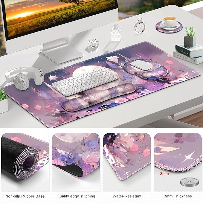 Large Desk Mat, Gaming Mouse Pad, Desk Pad Protector, XXL Mousepad + Keyboard Wrist Rest+Mouse Wrist Rest+Coaster Set with Ergonomic Desk Pad for Home Office PC Computer, Pastel Purple Flower Moon