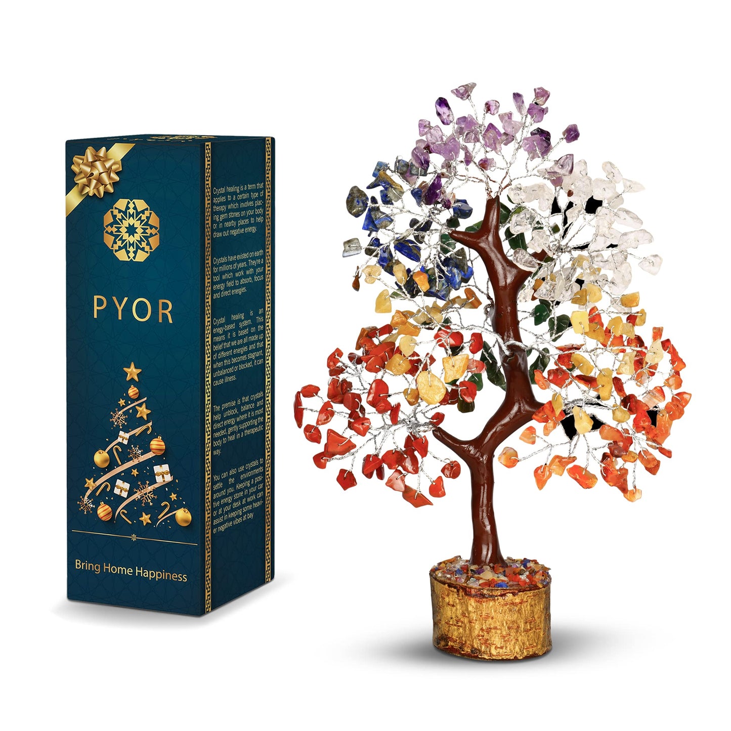 PYOR 7 Chakra Crystal Bonsai Tree, 10-12 inch, Red, Amethyst, Lapis, Carnelian, Clear Quartz, Yellow Aventurine, Green Aventurine, Silver Wire