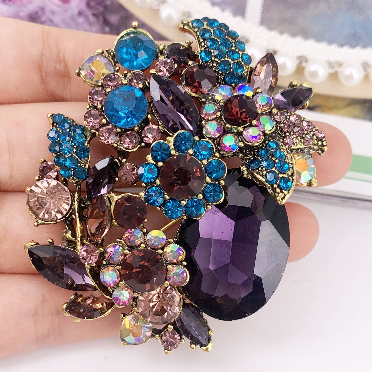 SELOVO Party Jewelry Rhinestone Purple Statement Flower Brooch Pin