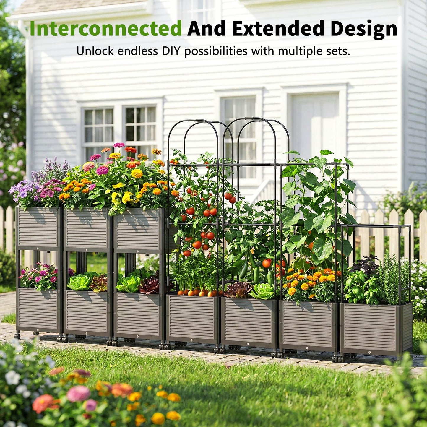 DoCred 60" H Raised Garden Bed Planter Box with Wheels, 3 Pack Tomato Cage Planter Raised Garden Bed with Trellis for Climbing Vegetables Plants Tomato Cage, Indoor Outdoor Use