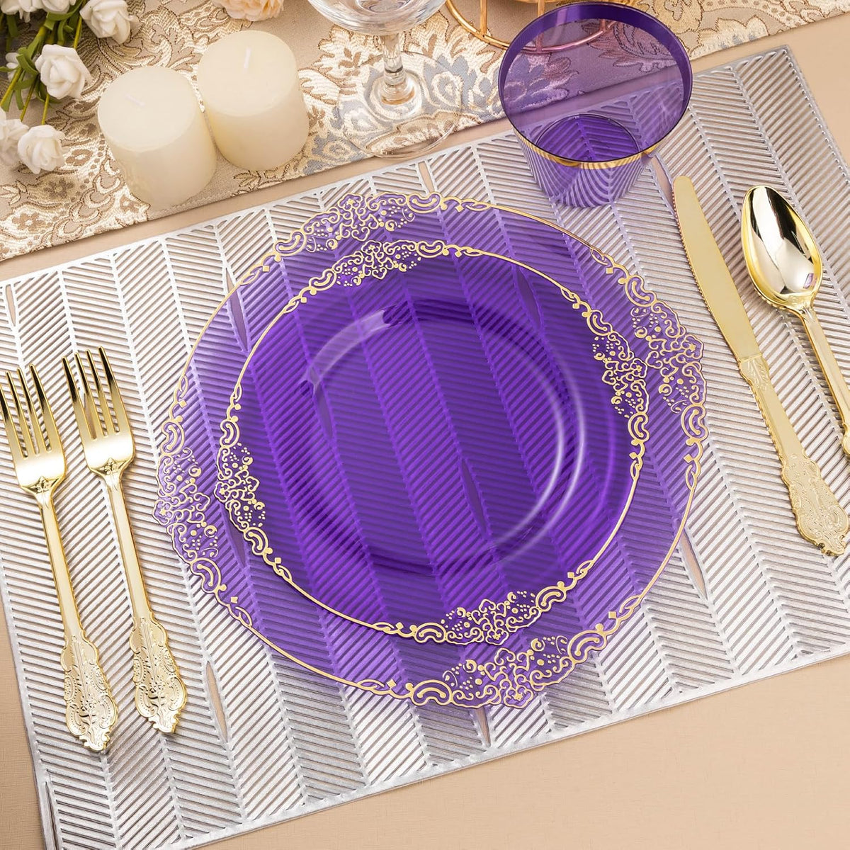 700PCS Clear Purple Plastic Plates for 100 Guests, Disposable Plate with Gold Trim include 100 Dinner plates, 100 Dessert Plates, 100 Gold Silverware, Cups and Napkins for Party, Graduation