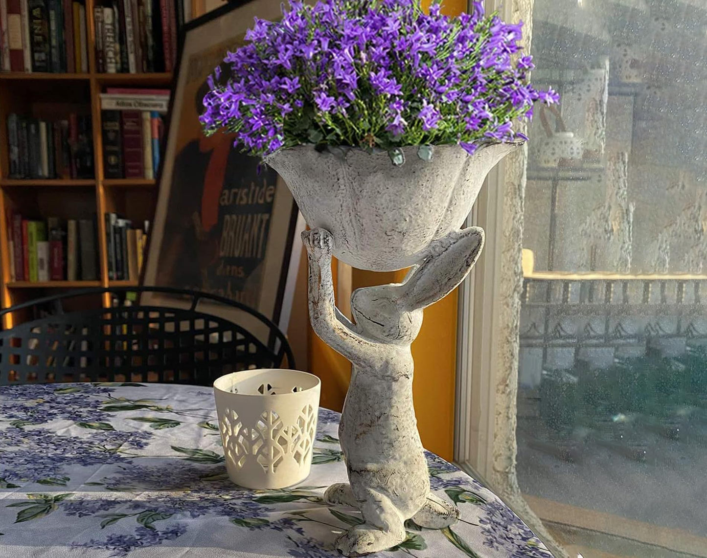 Antique White Cast Iron Rabbit with Flower Bird Feeder - 6 Inch Plant Pot or Feeder - (Cute Planter for Garden Decor for Outside)
