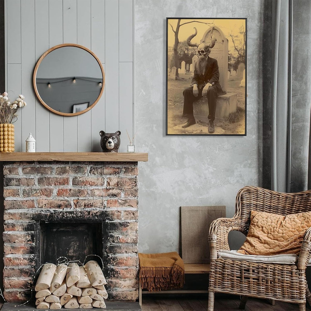 Skeleton Halloween Forest Occult Poster Vintage Spooky Canvas Wall Art Gothic Room Decor Dark Academia Bedroom Decorations Creepy Skull Prints Picture Aesthetic 24X36inch Aluminum Framed