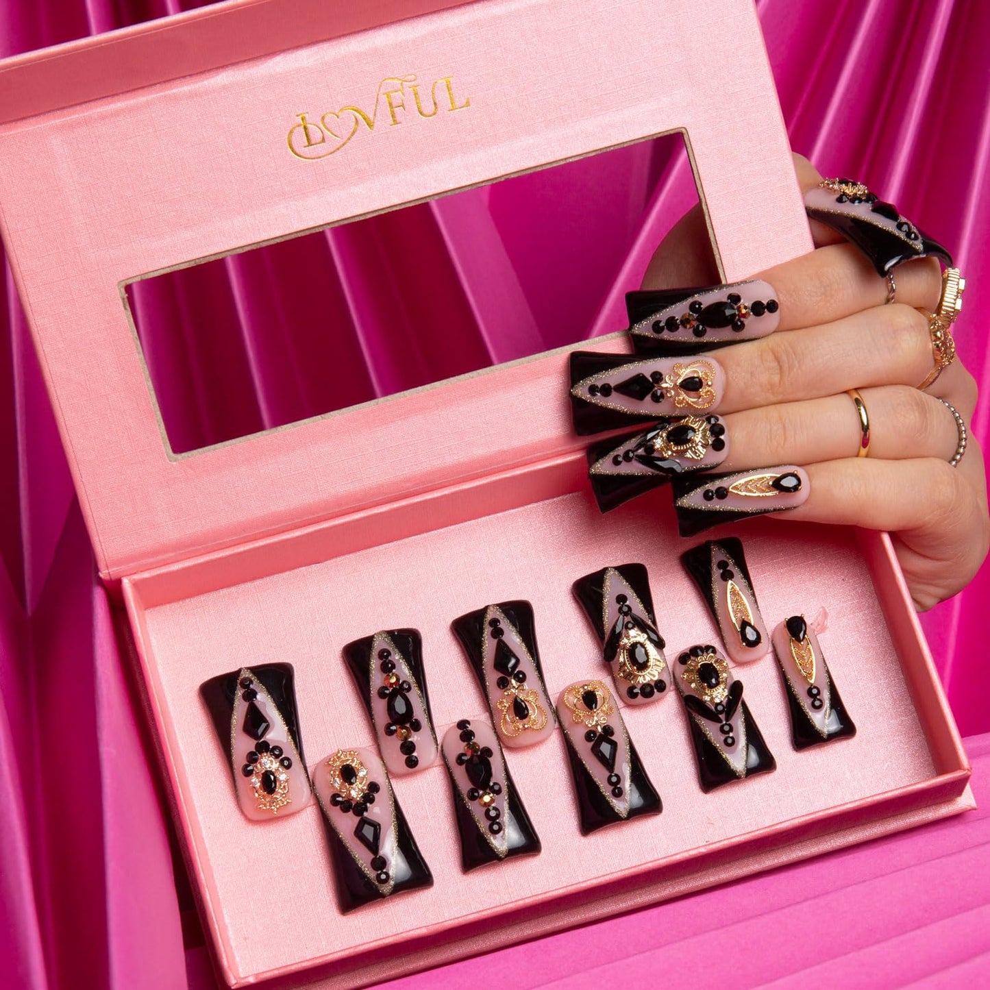 LOVFUL Press on Nails Obsidian Palace Black French Tip | Handmade with Full Covered Crystals | Reusable Fake Nails | Duck Classic Regular 1.3 in | H165-M