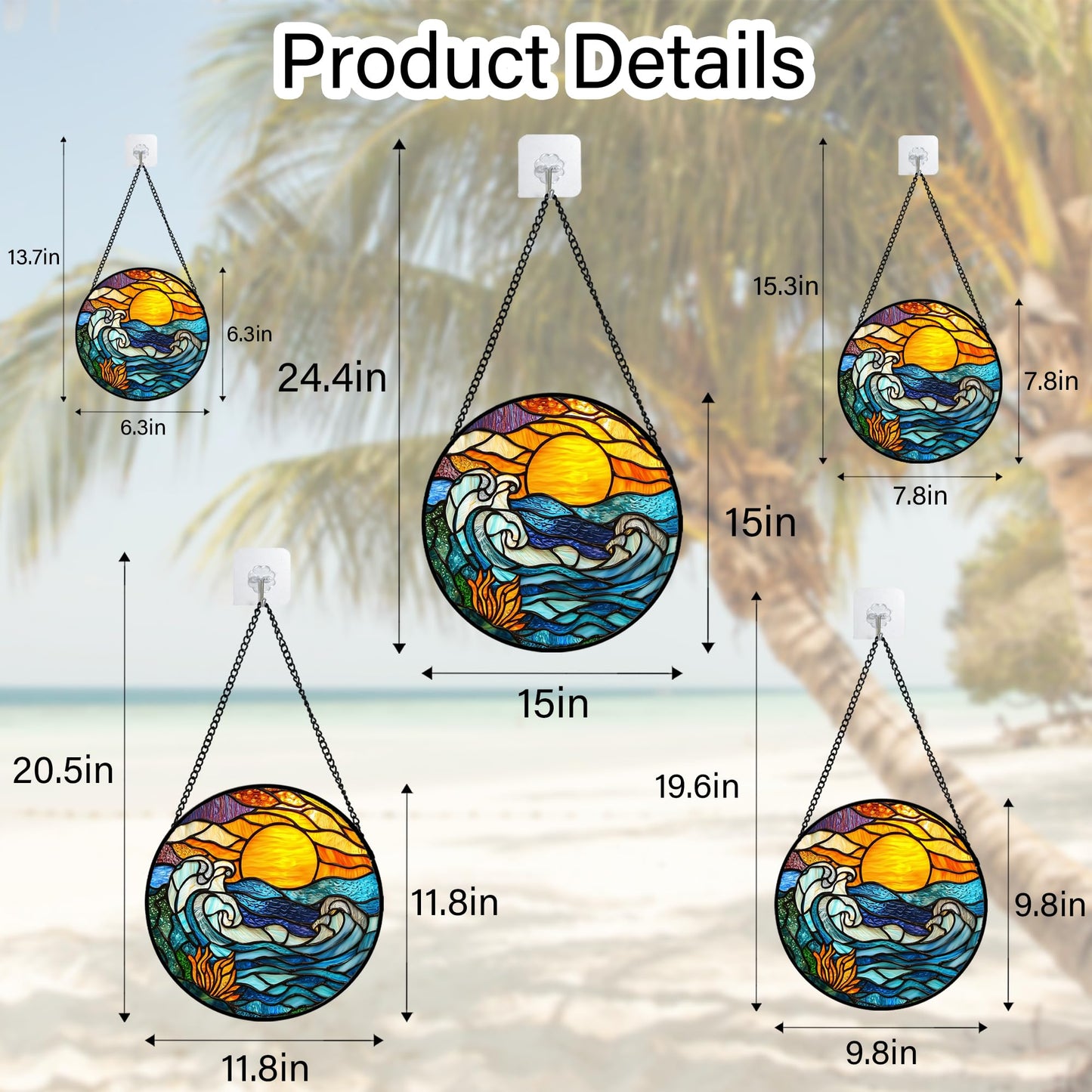 JOSUMALY Stained Glass Window Hanging, Orange Sun Blue Sea Waves Landscape Suncatcher for Doors Window Home Sun Catchers Decor Mother's Day Birthday Gifts for Women, Men Mom 9.8 in